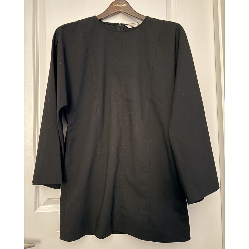 Zara Black Shift Dress XS NWT 3/4 Sleeve Short Mini Minimalist LBD Chic